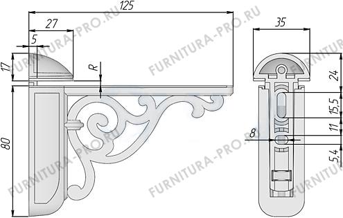 Менсолодержатель для деревянных и стеклянных полок 4 - 40 мм, L-125 мм, бронза античная