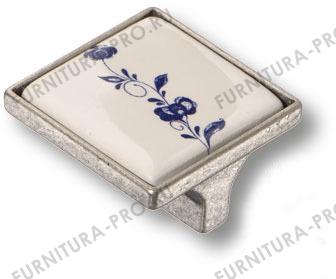 Ручка кнопка керамика с металлом, синий цветочный орнамент античное серебро 32 мм 15.326.32.PO01.16 фото, цена 1 500 руб.